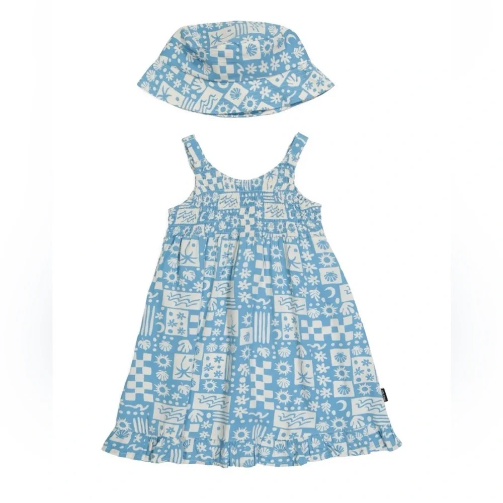 Volcom Girls Smocked Dress Size 5 Ice Blue Matching Hat Beachy NWT Retails $44